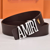 Amiri Belt dark brown plain texture Golden deer logo